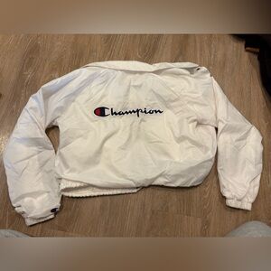 Champion White Windbreaker Jacket with Navy & Red Logo